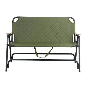 AL ARQAM Green Foldable Outdoor Loveseat Chair – 2-Person Portable Camping Bench with Wood-Grain Armrests, Heavy-Duty Folding Lawn Chair for Picnic, Beach, Hiking & Home