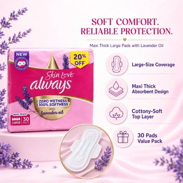 Always Skin Love Maxi Thick Large Sanitary Pads with Lavender Oil, 30 Pads Pack (6PK/CTN) – Cottony Soft Feminine Hygiene Pads for Comfort and Wetness Protection