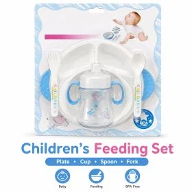 4Pcs Children’s Feeding Set Blue – BPA-Free Baby Plate, Cup, Spoon & Fork Set, Divided Toddler Plate with Training Cup, Kids Self-Feeding Tableware Set