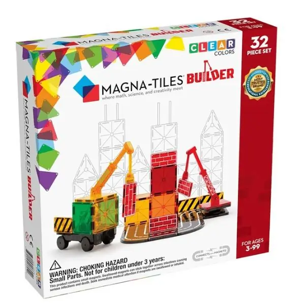 MAGNA-TILES Builder 32-Piece Set – Magnetic Building Tiles for Kids, STEM Educational Construction Toy, Creative Playset for Toddlers