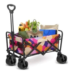AL ARQAM Bright Multi-Pattern Collapsible Folding Wagon Cart with Big All-Terrain Wheels – Portable Large-Capacity Utility Trolley for Beach, Garden, Camping & Shopping