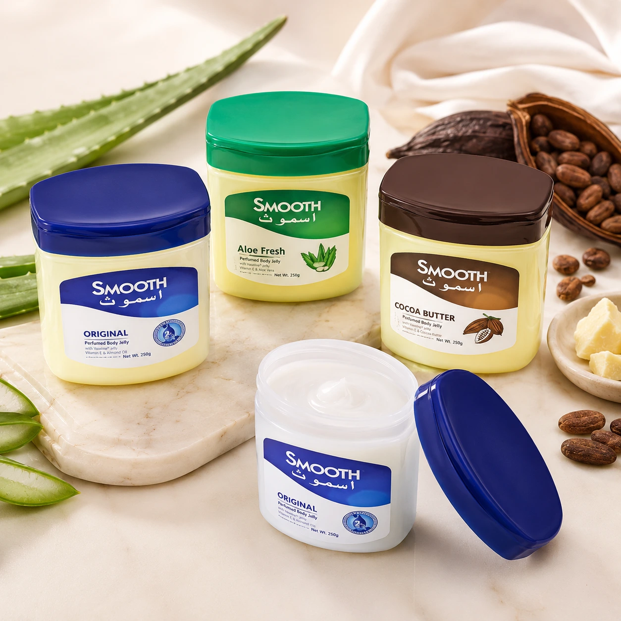 SMOOTH Petroleum Jelly – 100g (4PCS/ST)) (24ST/CTN) (Includes Original, Aloe fresh, Cocoa Butter)  | Skin Protectant & Moisturizer for Dry Skin, Lips, Hands & Heels | Multipurpose Jelly for All Skin