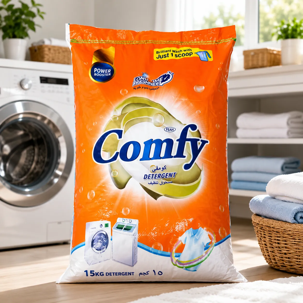 FEAH Comfy Detergent Powder – 15kg Powerful Stain Removal & Long-Lasting Fragrance | Suitable for Front & Top Load Machines