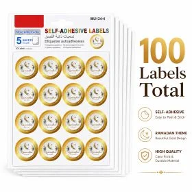 MOTARRO Ramadan Self-Adhesive Labels MU134-4, 100 Labels 5 Sheets, Gold Round Decorative Stickers for Gift Bags Envelopes Boxes Party Favors Eid Holiday Supplies