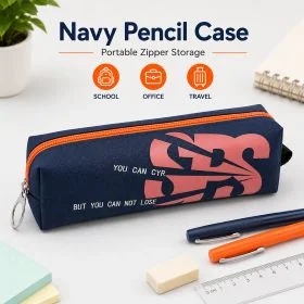 MOTARRO Navy Pencil Case, Portable Zipper Storage Pouch, Durable Fabric Stationery Organizer Bag for School, Office, and Travel, Pink Graphic Text Detail