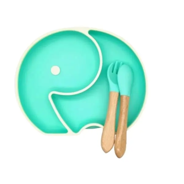 ALGO Silicone Baby Food Plate with Wooden Spoon – Elephant Shaped BPA-Free Feeding Plate for Babies & Toddlers