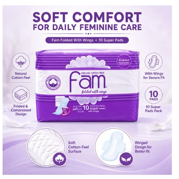 Fam Super Feminine Pads with Wings 10 Pieces(12PC/CTN) – Natural Cotton Feel, Maxi Thick and Extra Absorbent