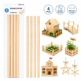 MOTARRO 4PCS Natural Round Wooden Sticks ME020-120, 12x300mm Wood Dowel Rods for DIY Projects, Model Building, Garden Labels, Home Decor, School Activities & Handmade Crafts