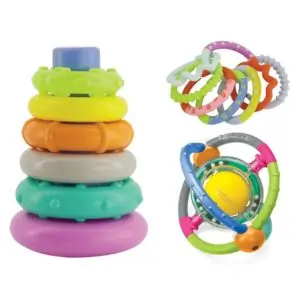 Infantino Box of Cheer Set of 3 Baby Toys, Enhance Fine Motor Skills, Encourage Cognitive Thinking Skills, Unique Spinning Rattle, 0 Months+ - Multicolor