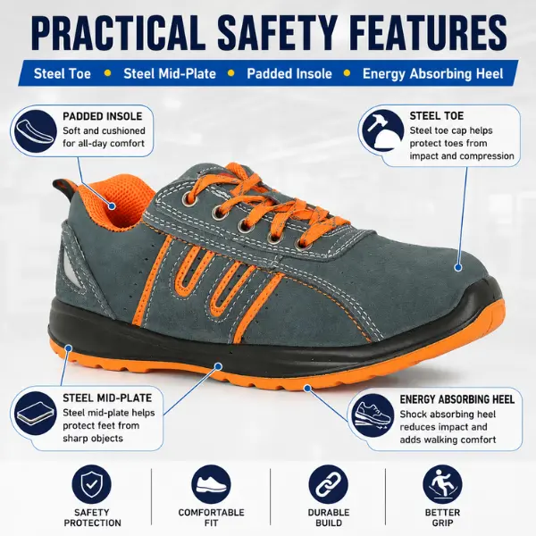 Armstrong Low Ankle Safety Shoes with Steel Toe & Steel Mid-Plate, Grey Suede Leather Industrial Work Shoes, Oil Resistant PU Sole, Padded Insole, SBP Standard, Grey/Orange,
