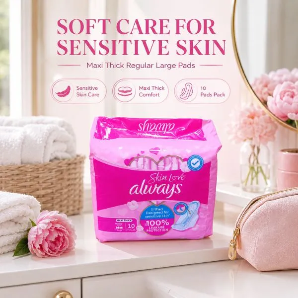 Always Skin Love Maxi Thick Sanitary Pads 10 Pads (16PKT/CTN)– Sensitive Skin Feminine Hygiene Pads, Regular Large