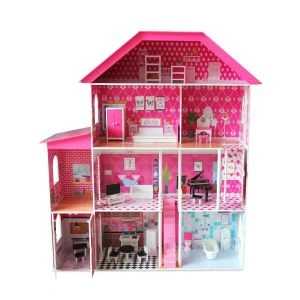 AL ARQAM Kids Wooden Doll House with Furniture & Accessories – Durable, Realistic, Well-Furnished, Suitable for Ages 3+, 130x35x136 cm – Pink