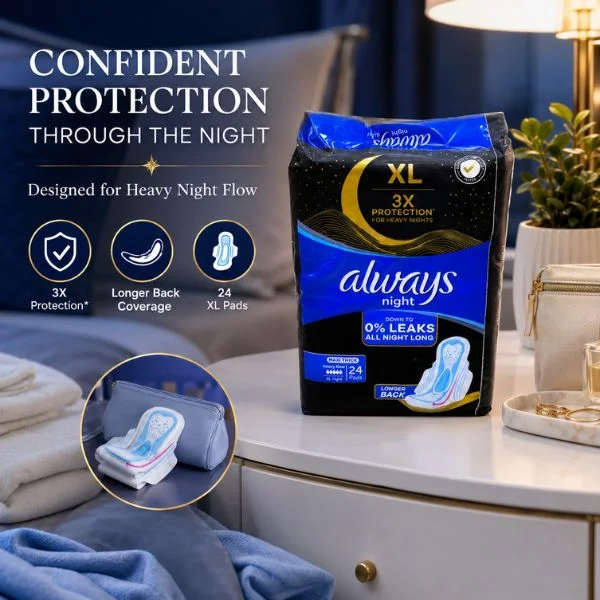 Always Night Maxi Thick XL Sanitary Pads 24 Pads Pack(6PK/CTN) – 3X Protection Heavy Flow Overnight Pads with Longer Back
