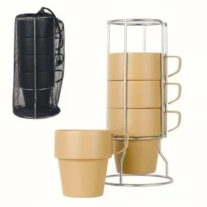 AL ARQAM Khaki 4-Piece Stackable Stainless Steel Mug Set with Metal Stand – Portable Camping Coffee Cups for Outdoor, Travel, Hiking, and Home Kitchen