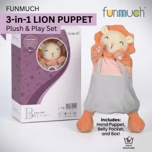 funmuch Baby Lion Hand Puppet – Soft Plush Security Comforter with Teether Trainer, Interactive Storytelling & Sensory Toy for Newborns, Washable Polyester, 0 Months+