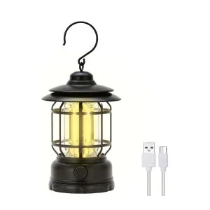 AL ARQAM Portable LED Hanging Tent Light – Vintage Decorative Tabletop Lantern with Stepless Dimming, Waterproof USB Electric Lantern for Camping, Power Outages & Indoor Decor – Black