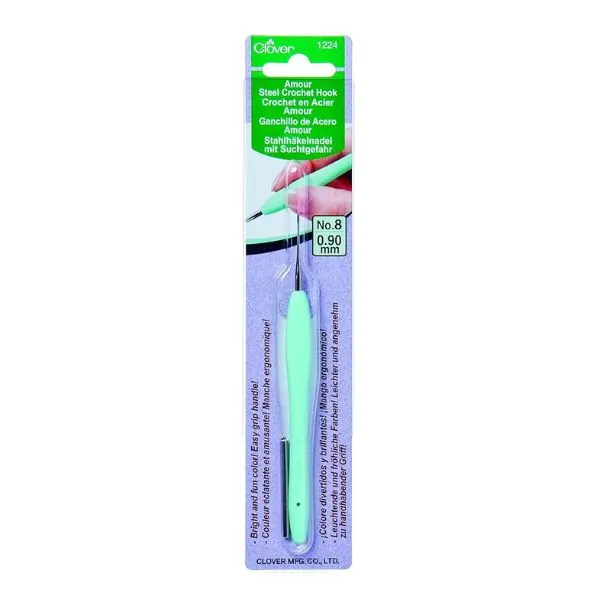 Clover 1224 Amour Steel Crochet Hook No. 8 – 0.90mm Blue Ergonomic Crochet Needle for Knitting & Crafts
