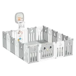 AL ARQAM Kids Playpen with Basketball Hoop, 14-Panel Safety Play Yard, Owl Design Door, White & Grey - 179x216x63cm