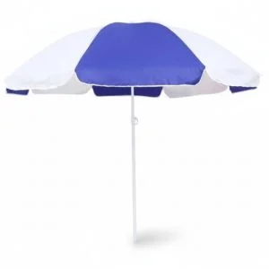 AL ARQAM 2.4M Beach Umbrella – Portable Sun Shade Parasol with Tilt Mechanism & UV Protection – Heavy Duty Waterproof Polyester – Blue and White Striped