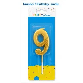 Italo Number 9 Birthday Candle, Gold Glitter Cake Topper Candle for 9th Birthday Party, Kids Birthday Cake Decoration, Celebration Party Supplies