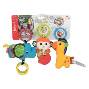 Infantino Tag Along Travel Pals – Soft Animal Stroller Toys for Babies, BPA-Free, Clip-On Travel Toy Set, Colors May Vary, 0 Months+