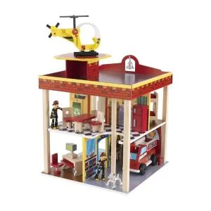 AL ARQAM Wooden Fire Station Play Set – 360° Interactive Fun, Working Garage Doors & Bendable Figures – Ideal Gift for Kids Ages 3+, 70x30x110 cm