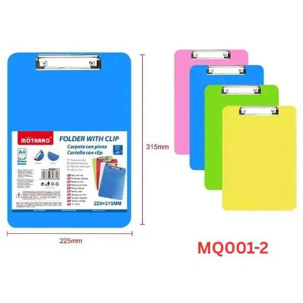 MOTARRO A4 Clip Folder MQ001-2 – Durable Plastic File Folder with Strong Clip for Documents, Reports & School/Office Use – Portable Writing Pad Board for Paper Holding