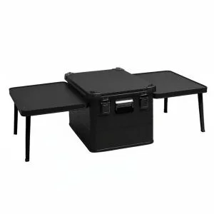 AL ARQAM 80L Heavy Duty Aluminum & Magnesium Camping Storage Box with Foldable Side Tables – Waterproof Tactical Utility Trunk for Overlanding & Outdoor Gear – Black