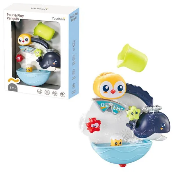 Youleen Animal Bath Toy Set for Babies 3Month+, – Penguin Waterfall Bathtub Toy with Spinners & Sea Animals, Wall Mounted Water Shower Toy for Toddlers, Fun Bath Time Toy