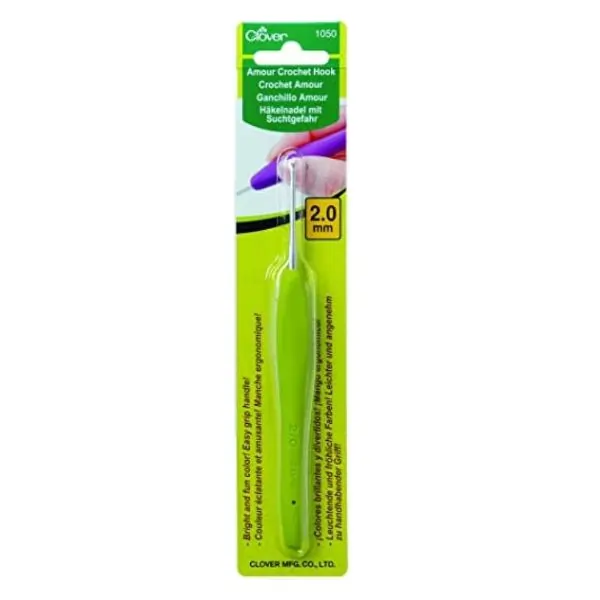 Clover CL1050 Amour Metal Crochet Hook – 2.0mm Green Ergonomic Needle for Yarn, Knitting & Crafts