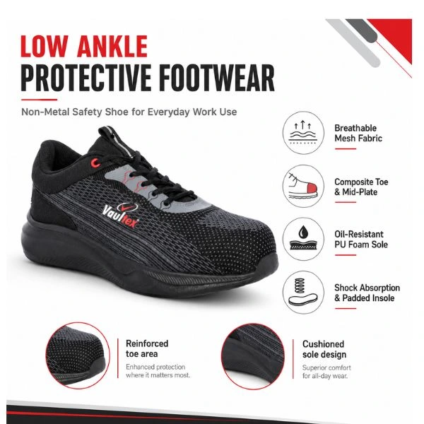 Vaultex Low Ankle Safety Shoes – Composite Toe Protective Work Footwear with Oil-Resistant PU Sole