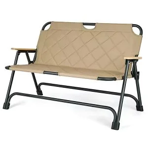 AL ARQAM Khaki Foldable Outdoor Loveseat Chair – 2-Person Portable Camping Bench with Wood-Grain Armrests, Heavy-Duty Folding Lawn Chair for Picnic, Beach, Hiking & Home
