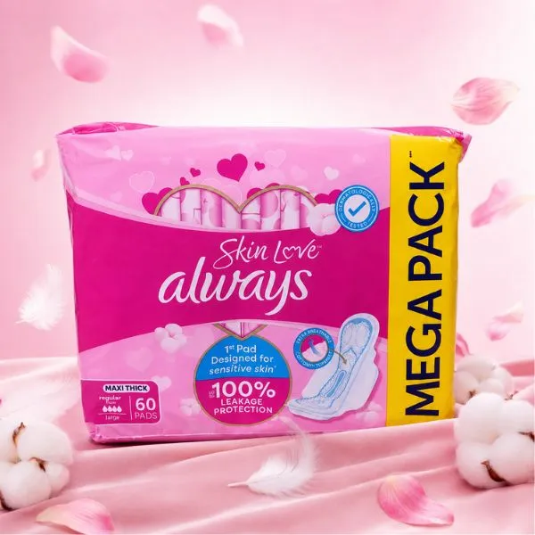 Always Skin Love Maxi Thick Large Sanitary Pads 60 Pads(3PC/CTN)– Sensitive Skin Feminine Hygiene Pads with 100% Leakage Protection