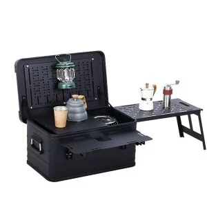 AL ARQAM 50L Heavy Duty Aluminum & Magnesium Camping Storage Box with Foldable Side Tables – Waterproof Tactical Utility Trunk for Overlanding & Outdoor Gear – Black