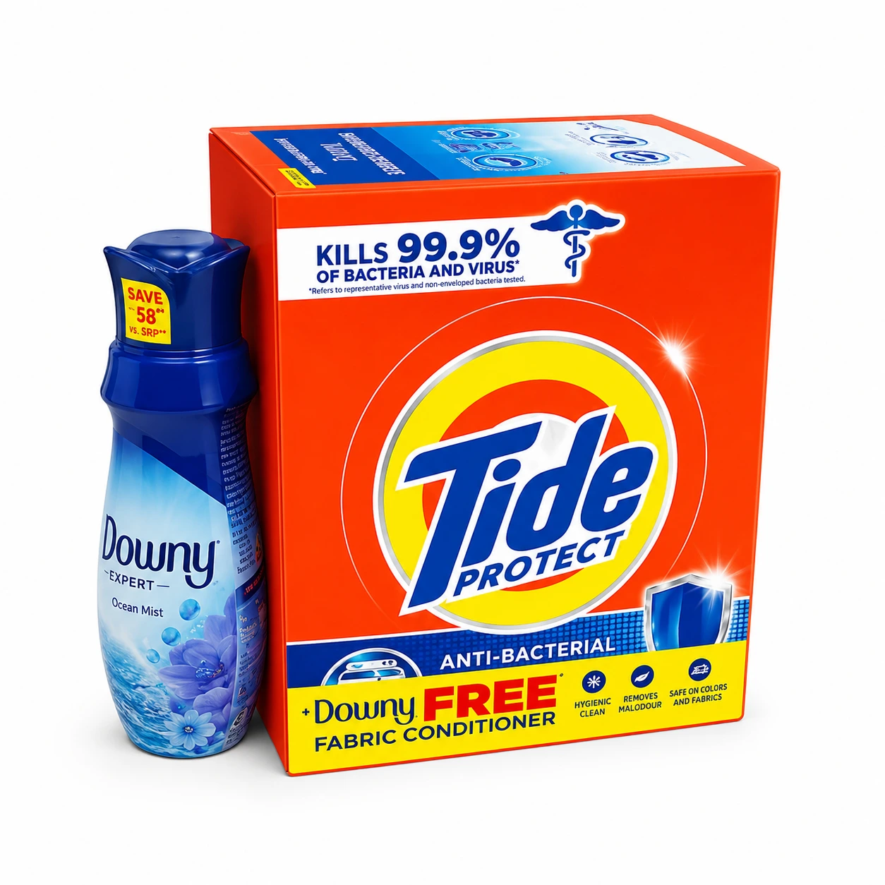 Tide 2.25kg Protect Anti-Bacterial Laundry Detergent Powder with Free Downy 880ml Fabric Conditioner, Kills 99.9% Germs (2set/ctn)