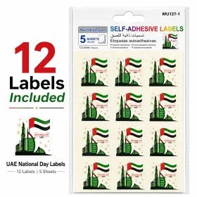 MOTARRO UAE National Day Self-Adhesive Labels MU127-1, 12 Labels × 5 Sheets, UAE Flag Skyline Stickers for Gifts, Events & Crafts