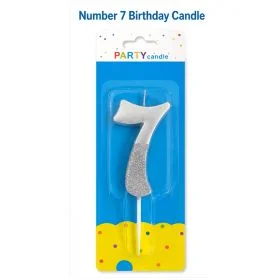 Italo Number 7 Birthday Candle Cake Topper, Silver Glitter Number Candle for Birthday Cake Decoration, Party Celebration Candle