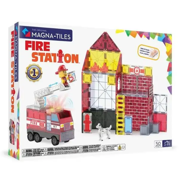 MAGNA-TILES® Fire Station 50-Piece Magnetic Building Tiles Set – STEM Learning Construction Toy with Fire Truck & Figures for Kids Ages 3+