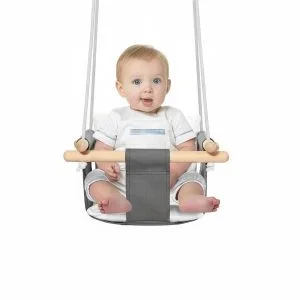 AL ARQAM Baby Hanging Swing Seat - Indoor/Outdoor Hammock for Kids 6-36 Months with Wooden Ring & Safety Belt - Gray & White