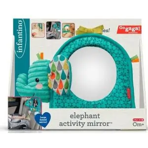 Infantino Go Gaga Elephant Baby Activity Mirror for Car & Crib, 0M+, Vibrant Colors, Textures, Large Dome Mirror, 30x7x25cm
