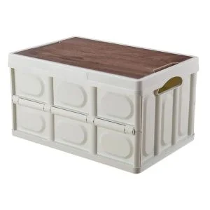 AL ARQAM Large Foldable Plastic Storage Box with Wooden Lid – Stackable Collapsible Organizer for Home, Camping & Trunk Storage (Cream White)