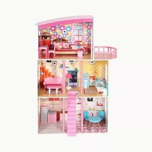 AL ARQAM Kids Wooden Dollhouse with Realistic Furniture – Durable Pretend Play Toy for Ages 3+, Pink, 75x30x110 cm