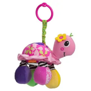 Infantino Turtle Shaped Rattle - Developmental Toy with Mirror for Peek-a-Boo, Pink/Green, Links to Strollers & Car Seats