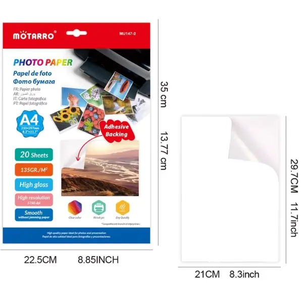 MOTARRO A4 Photo Sticker Paper 135GSM MU147-2 – Self Adhesive Inkjet Printable Glossy Sheets