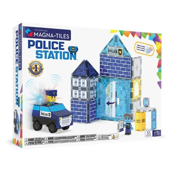 MAGNA-TILES® Police Station 35 Piece Set – Magnetic Building Tiles for Kids, STEM Toy Construction Set, Creative Play Police Vehicles & Figures