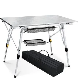 AL ARQAM Lightweight Aluminum Folding Camping Table – Adjustable Height Portable Picnic Table with Mesh Storage & Carrying Case