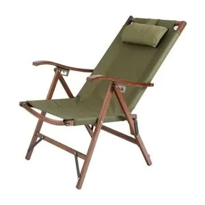 AL ARQAM Olive Green Folding Camping Chair – Reclining Outdoor Lounge Chair with Adjustable Headrest & Wooden Armrests | Portable Heavy-Duty Deck Chair for Patio, Beach, Picnic & Lawn