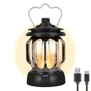 AL ARQAM Black Rechargeable LED Camping Lantern – Vintage Style Portable Outdoor Light with Dimmable Warm Glow & Battery Indicator, Waterproof USB Electric Lantern for Camping, Power Outages & Indoor