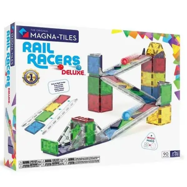 MAGNA-TILES Rail Racers Deluxe 90-Piece Magnetic Building Tiles Set – STEM Construction Toy with Race Cars for Kids Ages 3+