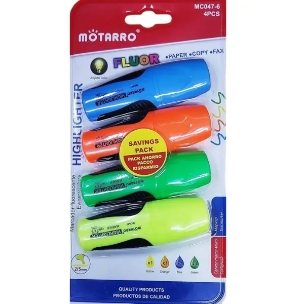 MOTARRO Highlighter Pens Set MC047-6, 4 Pack Fluorescent Marker Pens, Smooth Ink Chisel Tip Highlighters for School